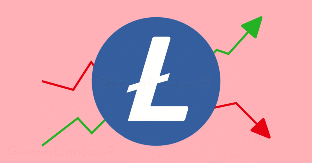 The Litecoin logo with candlestick charts.