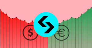 The Bitget logo with dollar and Euro currency signs on a candlestick chart.