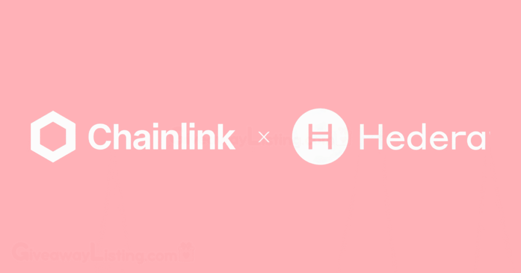 Chainlink and Hedera logos on a light pink background.