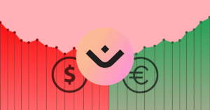 The MANTRA logo with dollar and Euro currency signs on a candlestick chart.