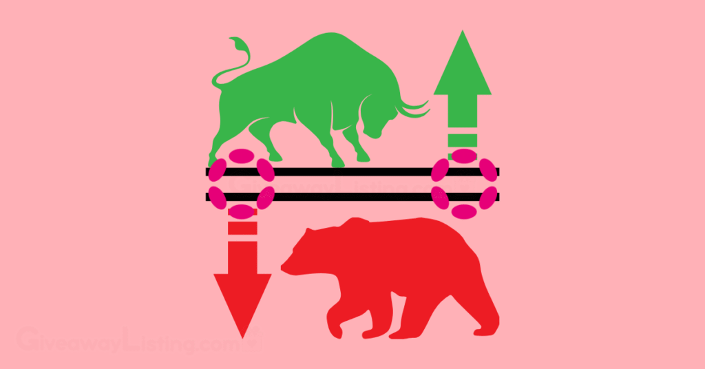 A bullish and bearish trading symbol with the Polkadot logo between.