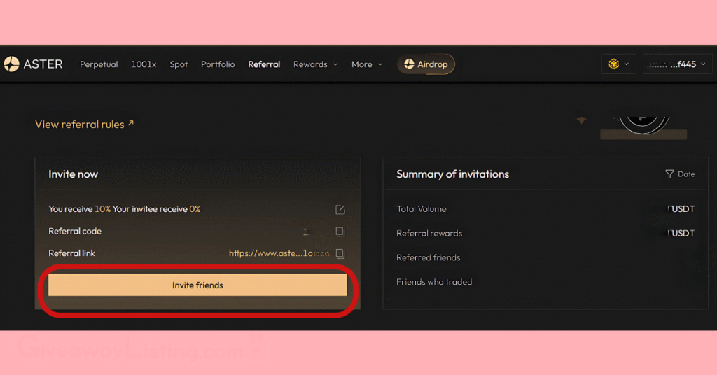 The Aster airdrop portal showing the referral section with a red line to indicate how to invite friends.