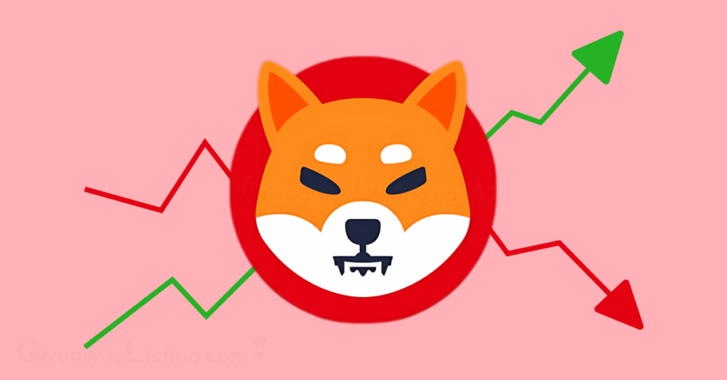 The Shiba Inu logo with bullish green and red bearish candlestick patterns behind it.