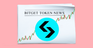 a newspaper showing Bitget Token News, the Bitget Token logo, and candlesticks.